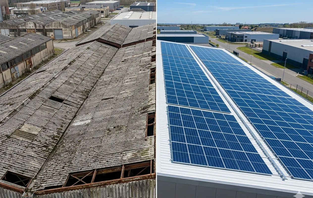Confronto tra una vecchia copertura in fibrocemento e un tetto nuovo con impianto fotovoltaico