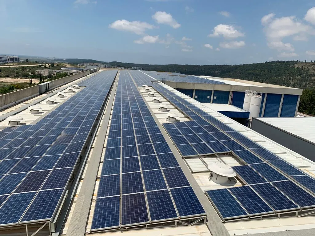 File di moduli fotovoltaici sulla copertura di un capannone