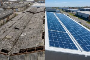 Prima e dopo bonifica amianto capannone con installazione fotovoltaico