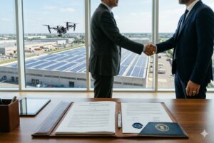 Firma contratto DDS diritto di superficie per coperture industriali fotovoltaico con capannone solare visibile in background